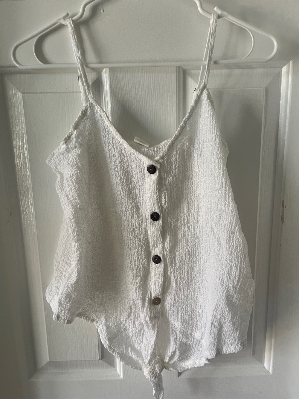 White Textured Button-Front Camisole with Tie Hem